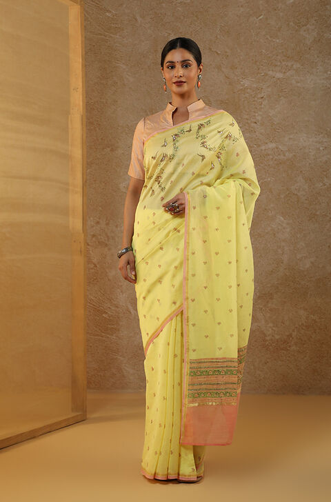 Yellow Pure Silk Cotton Printed Sanganeri Saree