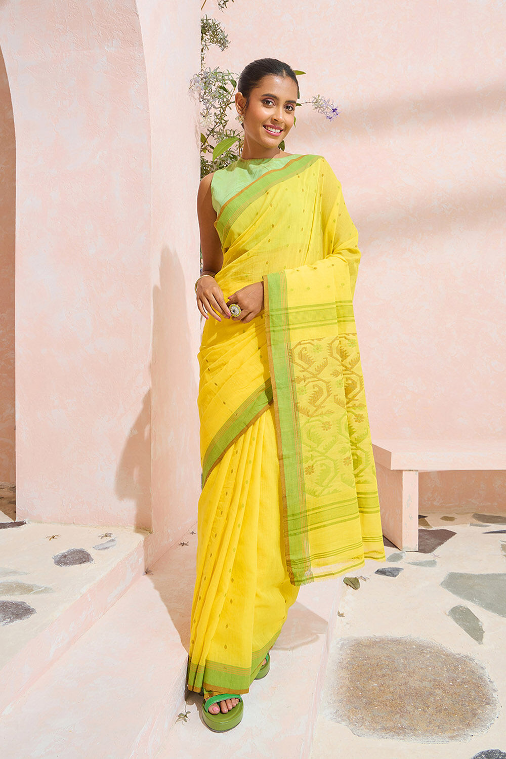 Yellow Cutwork Pure Cotton Bengal Saree image number null
