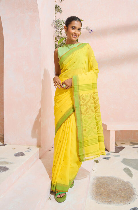 Yellow Cutwork Pure Cotton Bengal Saree