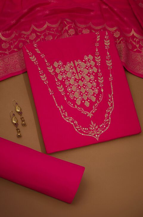 Pink Embroidered Viscose Unstitched Suit Set