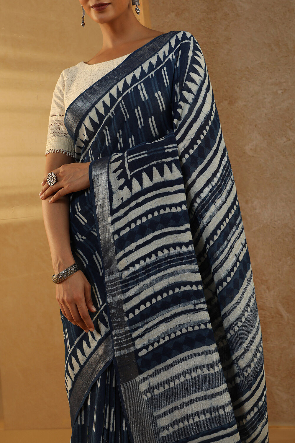 Blue Block Printed Pure Cotton Linen Saree image number null
