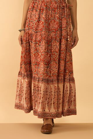 Orange Printed Kalamkari Pure Cotton Ethnic Skirt thumbnail image number null