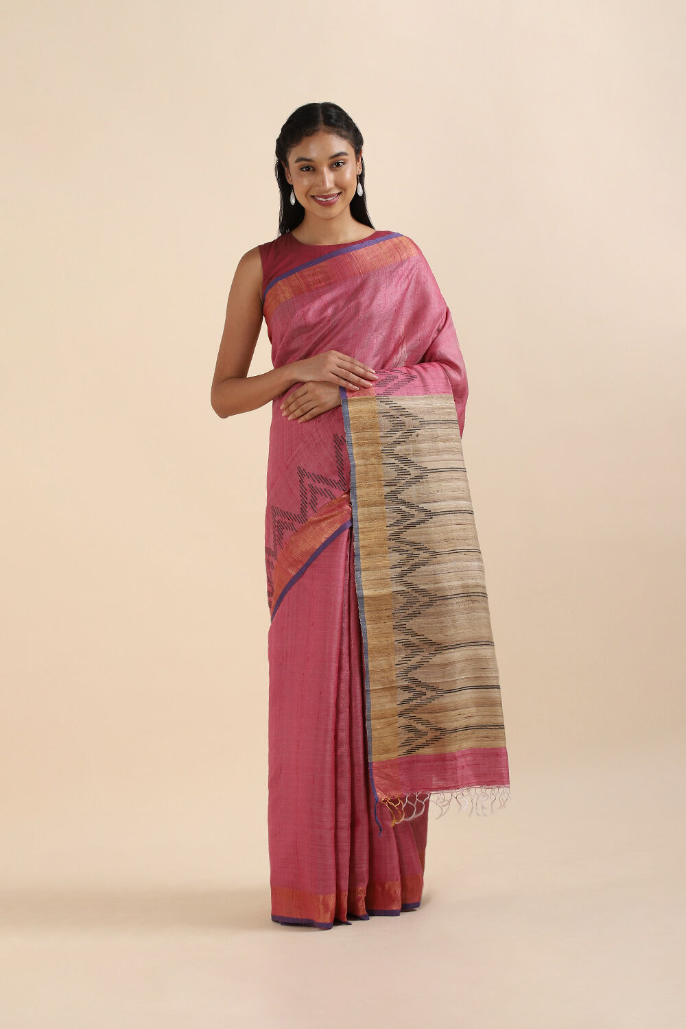 Dark Red Pure Tussar Silk Bhagalpuri Saree image number null