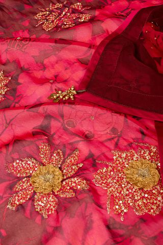Dark Red Printed Embroidered Viscose Organza Saree thumbnail image number null