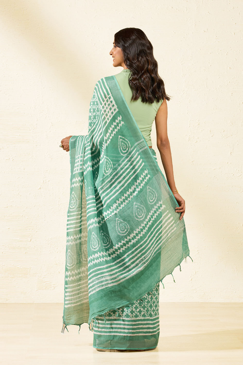 Light Green Block Printed Cotton Viscose Saree image number null