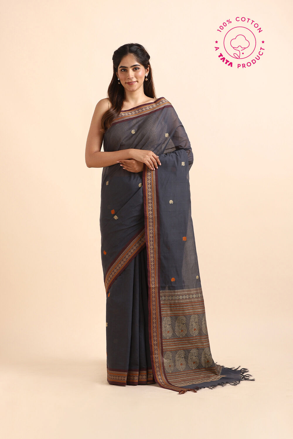 Grey Pure Cotton South Saree image number null