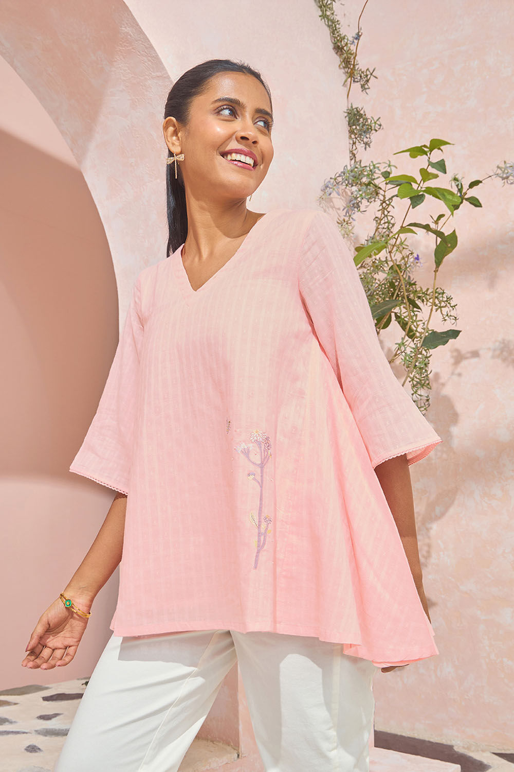 Light Pink Pure Cotton Embroidered Short Top image number null