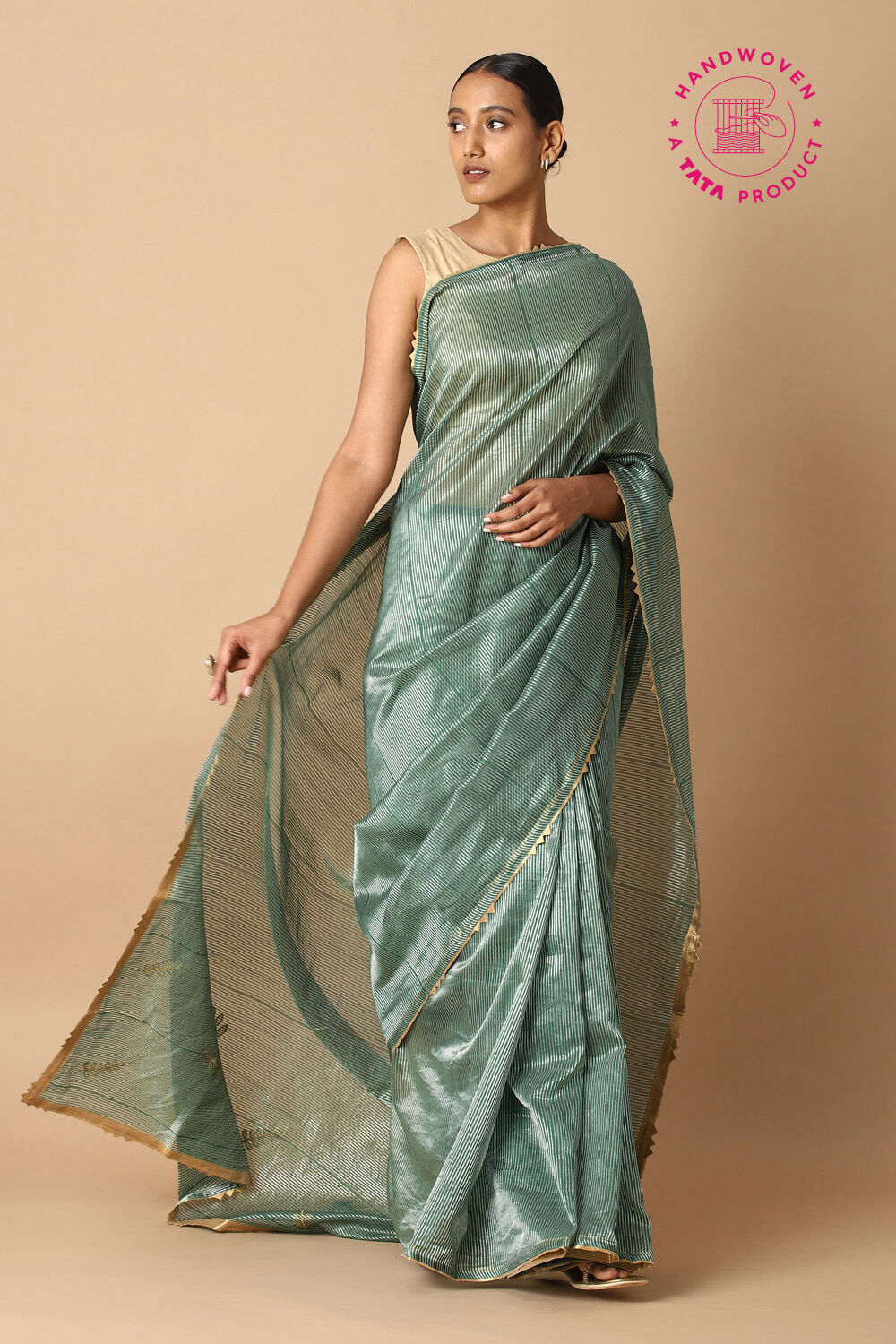 Dark Green Pure Tissue Silk Embroidered Saree image number null