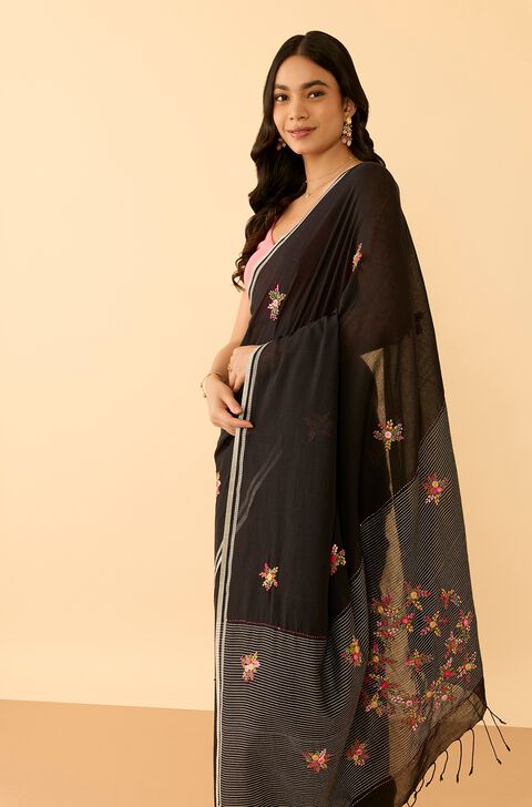 Black Bengal Pure Cotton Embroidered Saree
