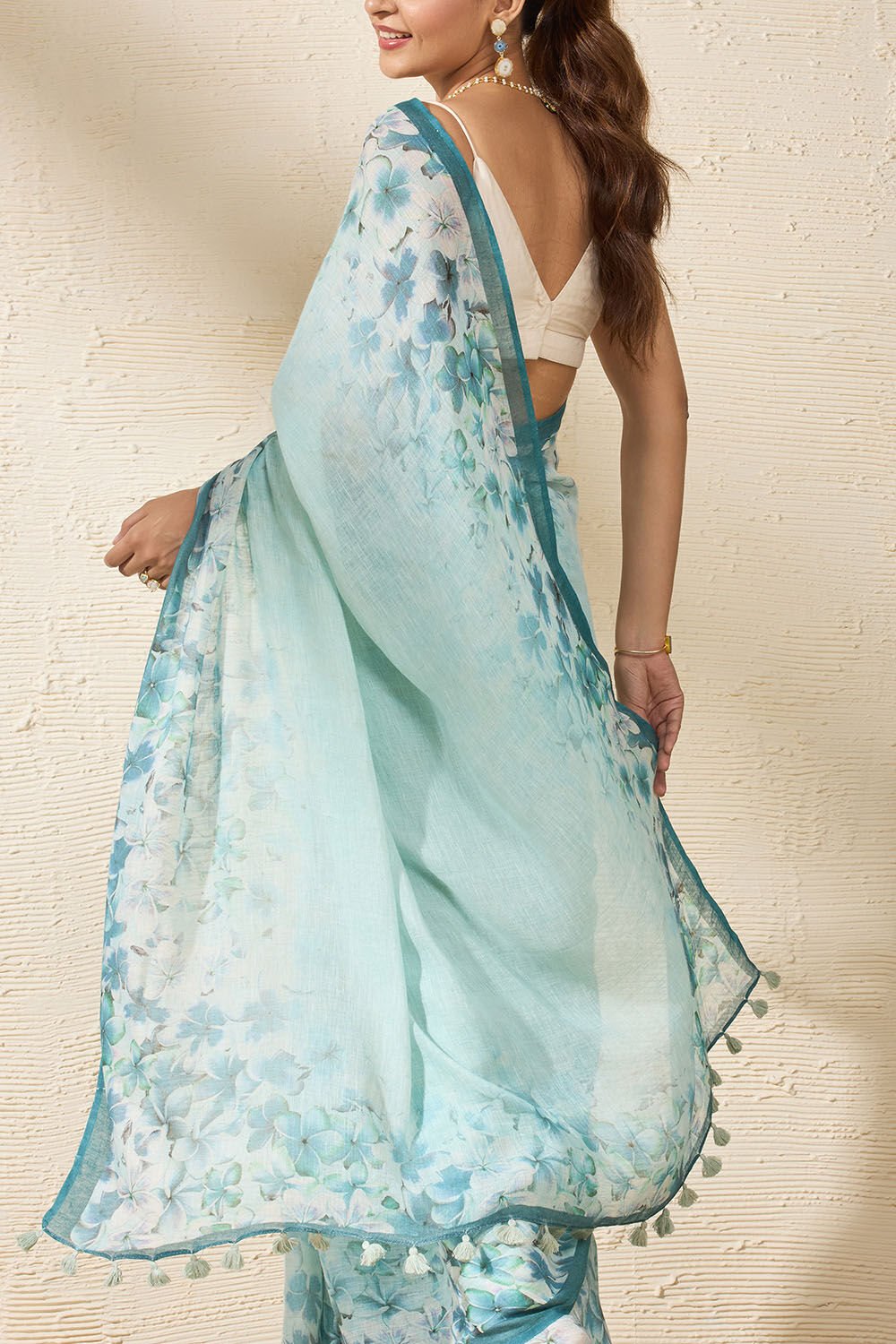 Blue Printed Pure Linen Saree image number null