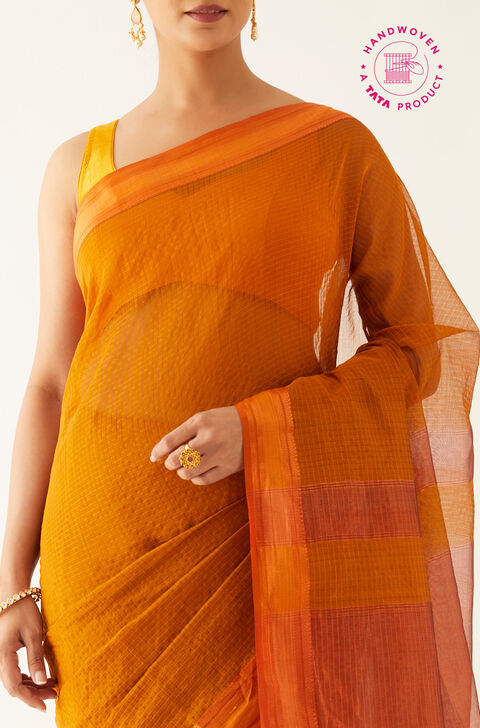 Dark Yellow Pure Silk Cotton Maheshwari Saree