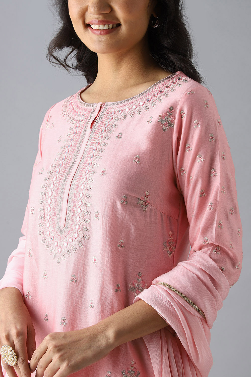 Light Pink Embroidered Silk Cotton Kurta Set image number null