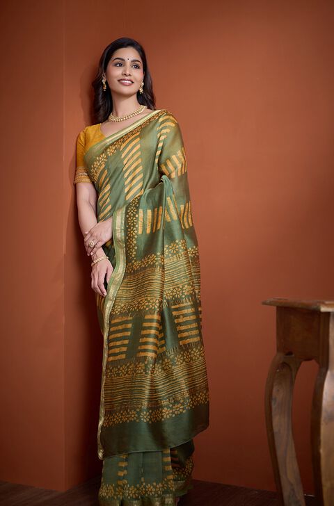 Dark Green Pure Silk Cotton Ujjain Batik Saree