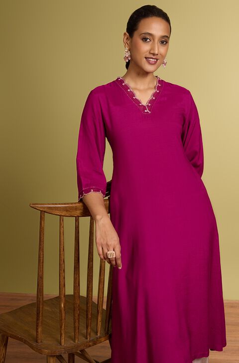 Pink Embroidered Viscose Kurta