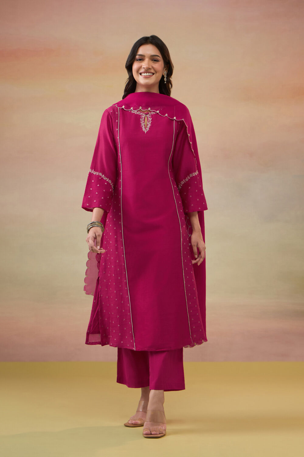 Dark Pink Pure Silk Cotton Embroidered Kurta Set image number null