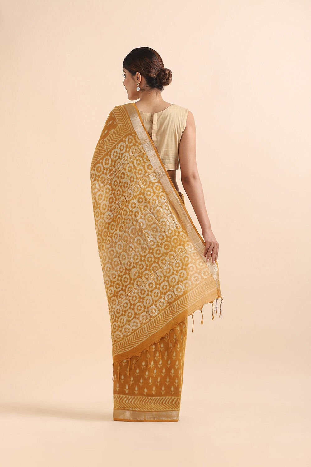 Yellow Pure Cotton Linen Bagru Printed Saree image number null