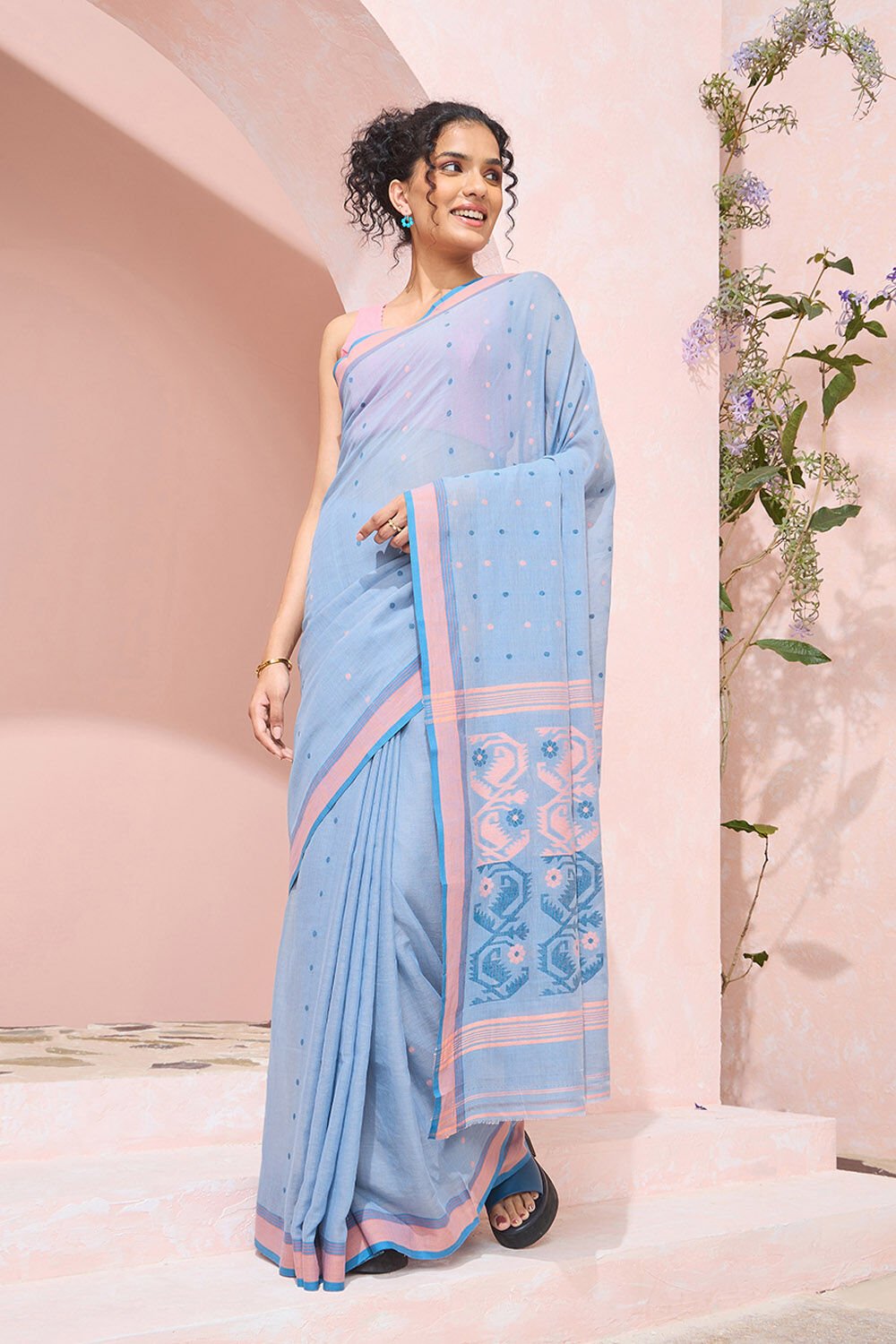 Light Blue Pure Cotton Cutwork Bengal Saree image number null