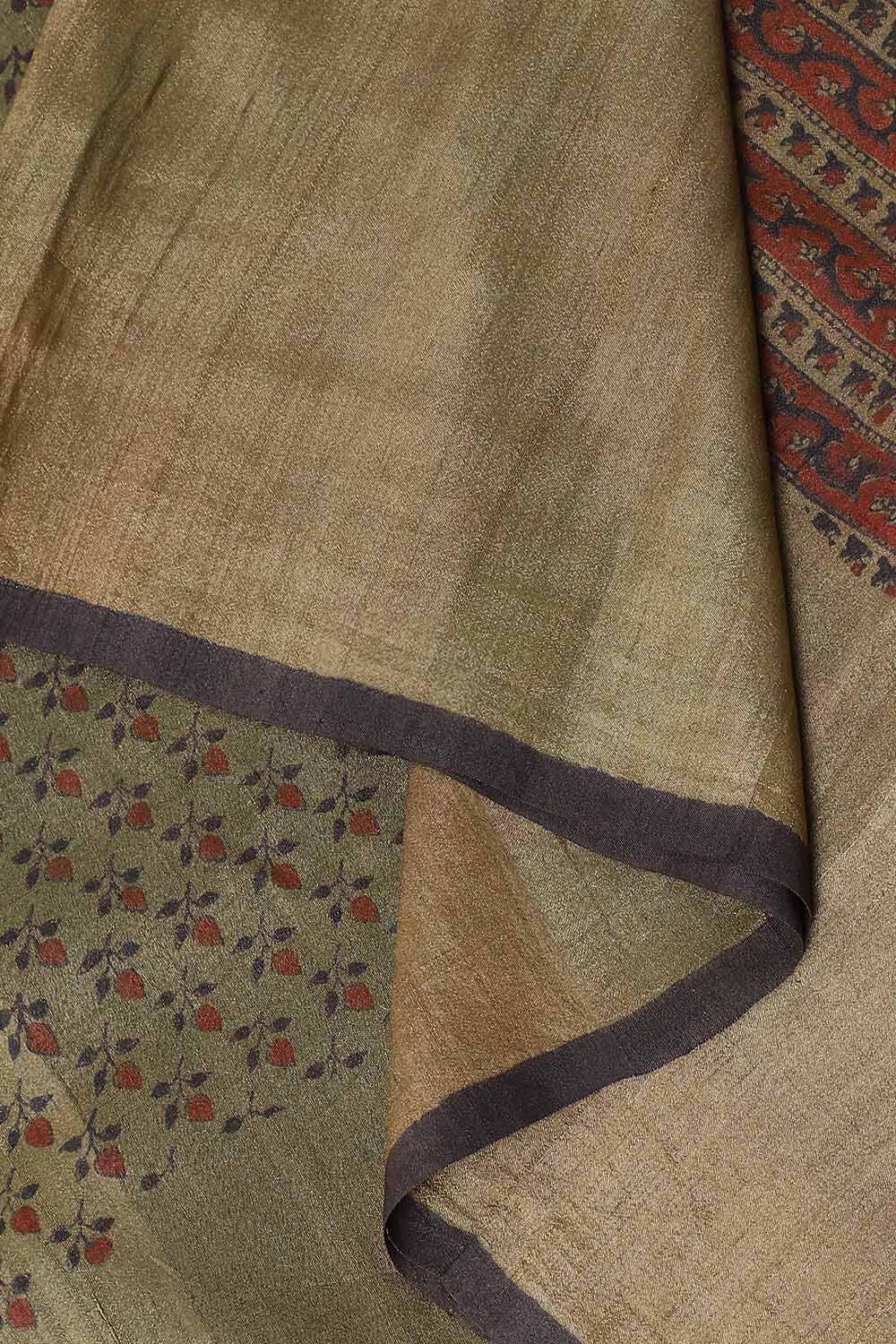 Pine Green Pure Silk Tussar Bagru Print and Zardosi Embroidered Saree image number null
