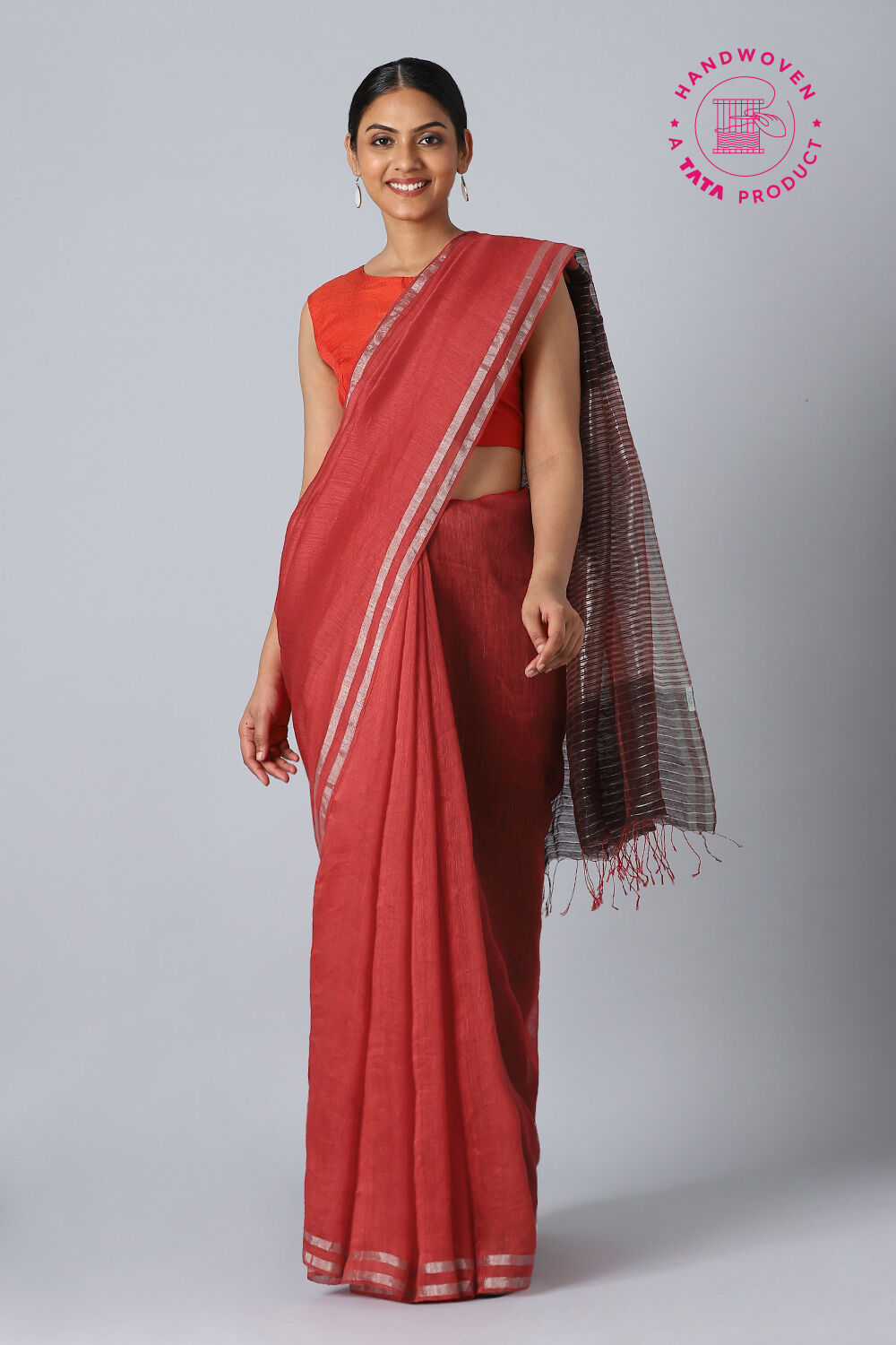 Red Pure Silk Linen Bengal Saree image number null