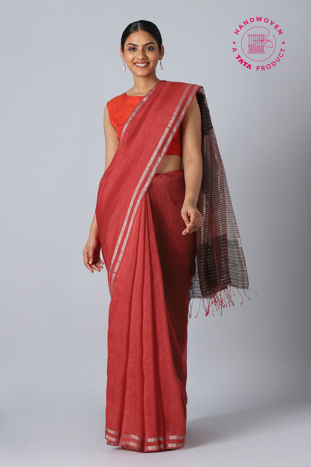 Red Pure Silk Linen Bengal Saree