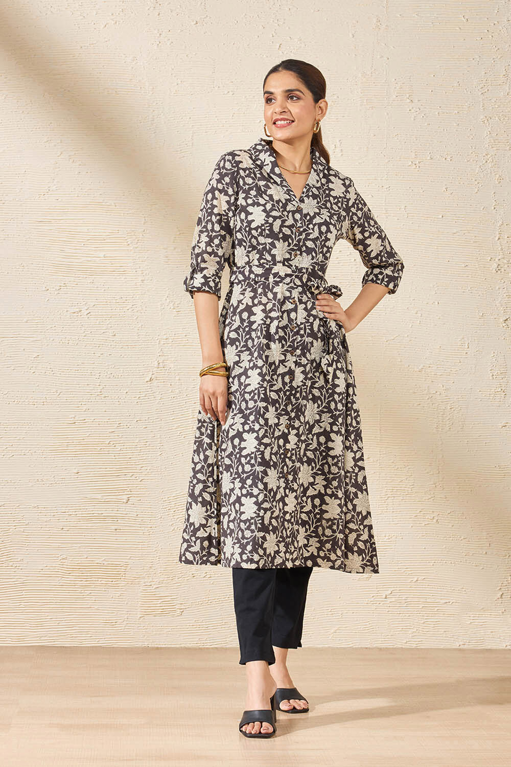 Black Pure Cotton Printed Sanganeri Kurta image number null