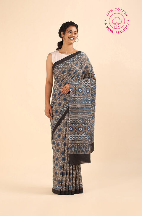 Grey Pure Cotton Ajrakh Printed Saree
