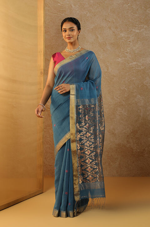 Blue Woven Pure Silk Cotton Bengal Saree