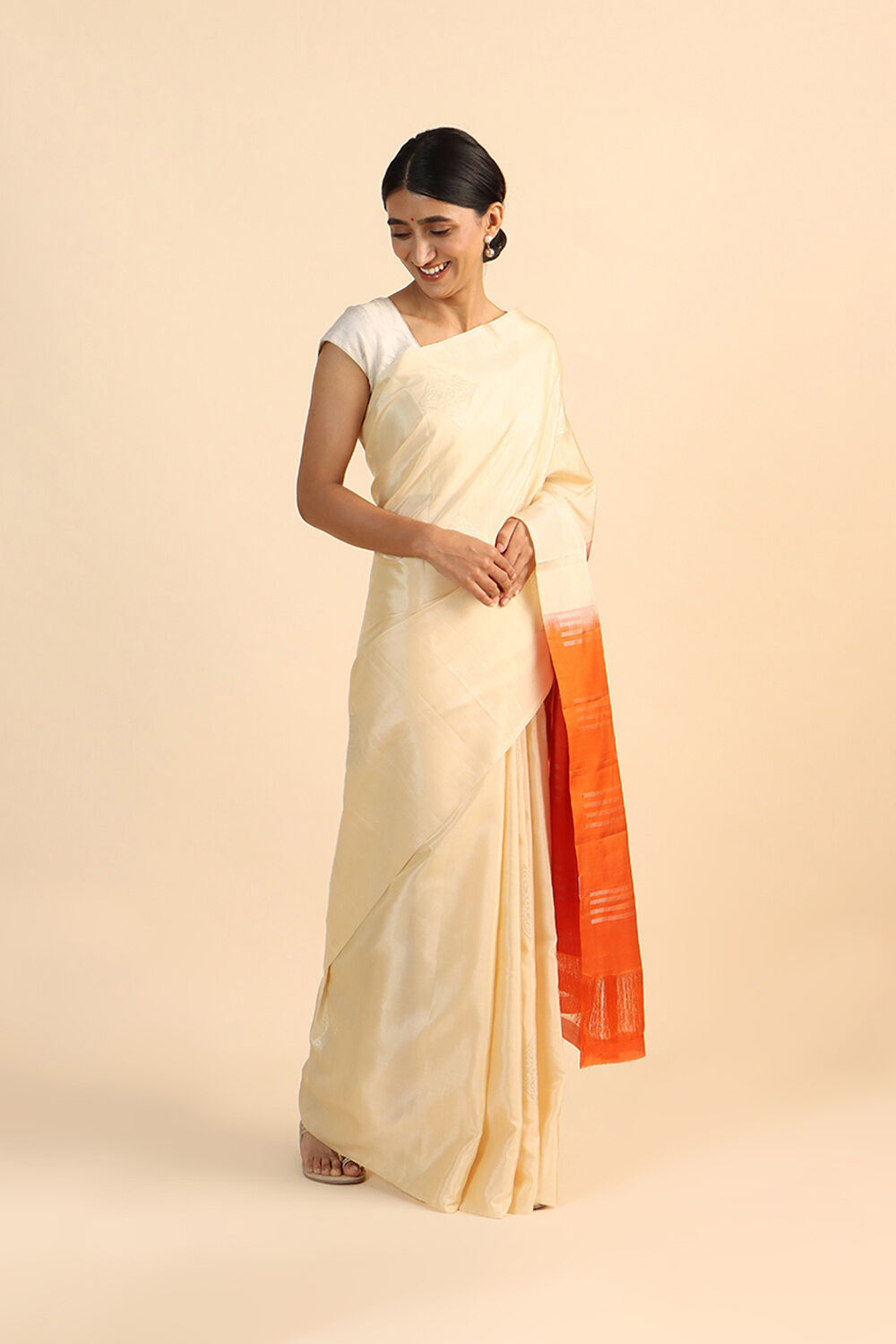 Beige Pure Silk Tencel South Saree image number null