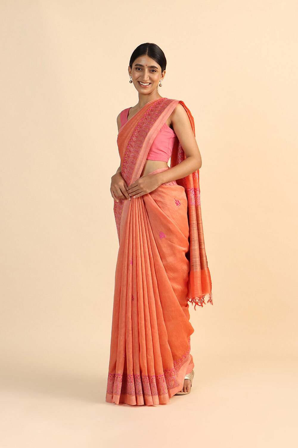 Orange Pure Silk Linen Embroidered Saree image number null