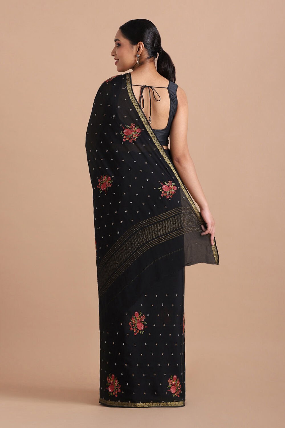 Black Pure Viscose Embroidered Saree image number null