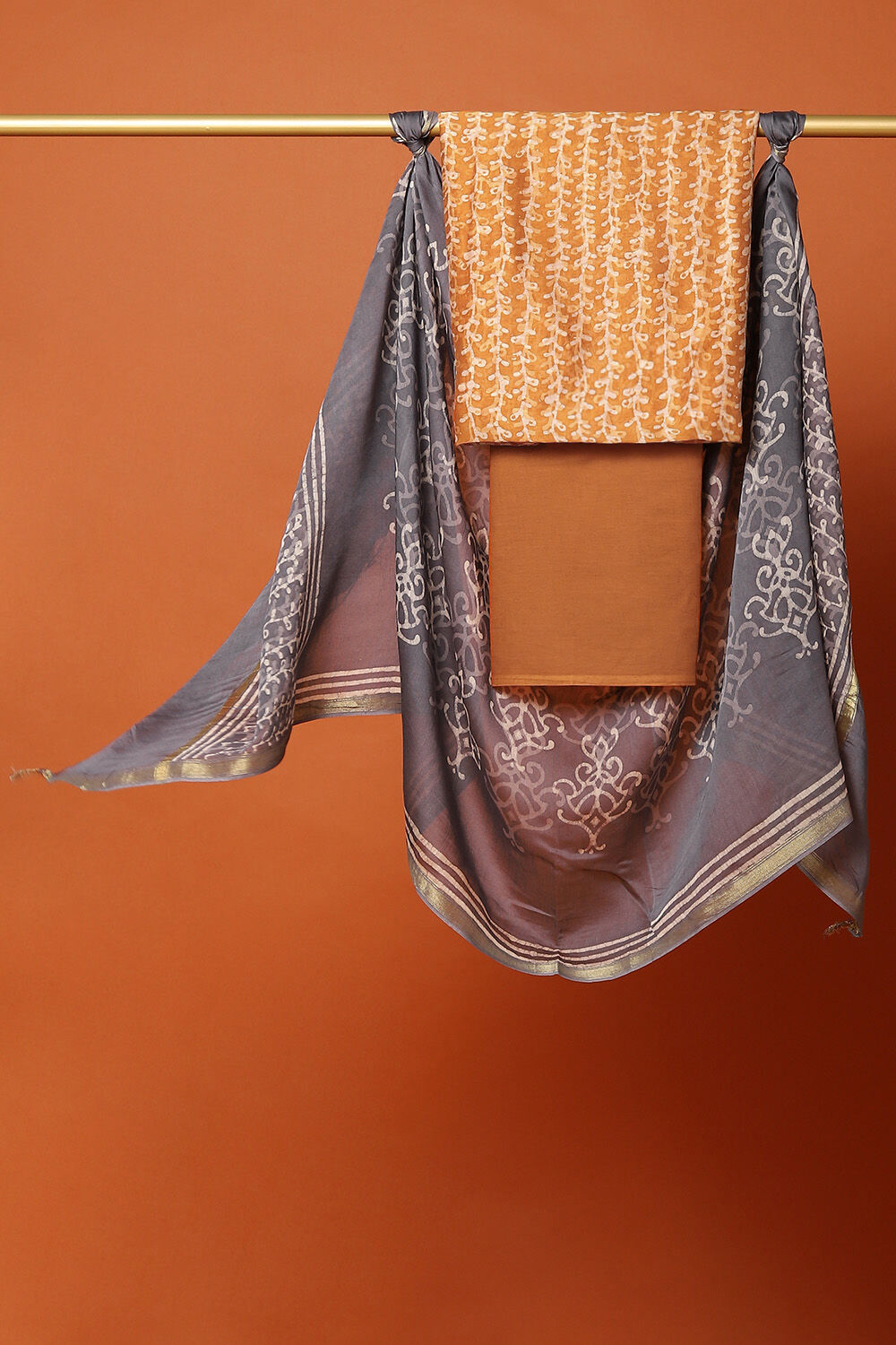 Orange Silk Cotton Bagru Printed Unstitched Suit Set image number null