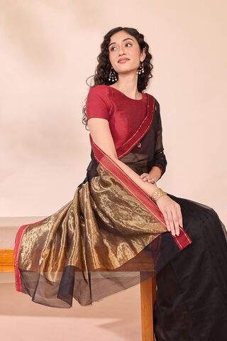 Black Eknaliya Pure Silk Cotton Chanderi Saree image number