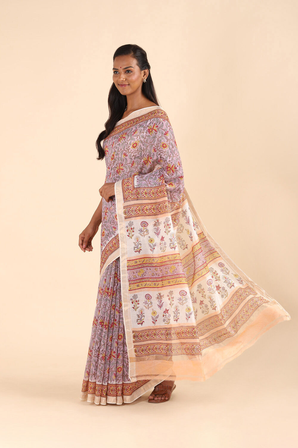 Light Violet Pure Silk Cotton Sanganeri Printed Saree image number null