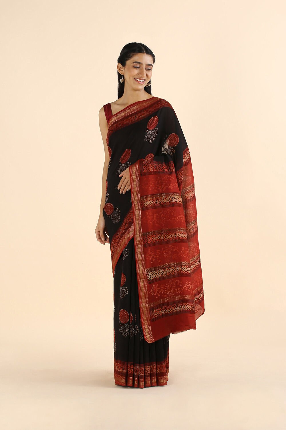 Black Pure Silk Cotton Bagru Printed Saree image number null