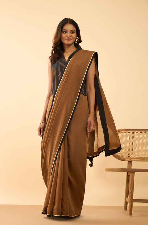 Brown Pure Silk Cotton Embroidery Saree