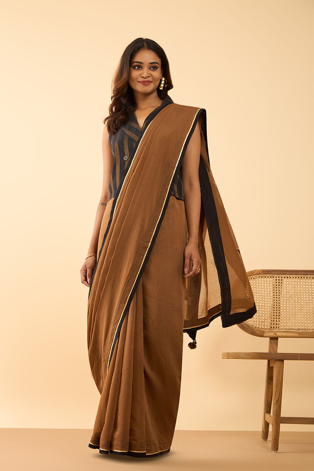 Brown Pure Silk Cotton Embroidery Saree image number null
