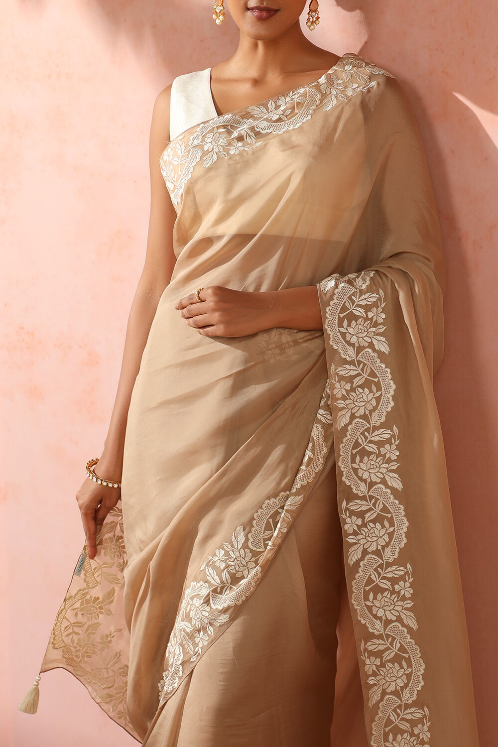 Beige Contemporary Viscose Organza Embroidery Saree image number null