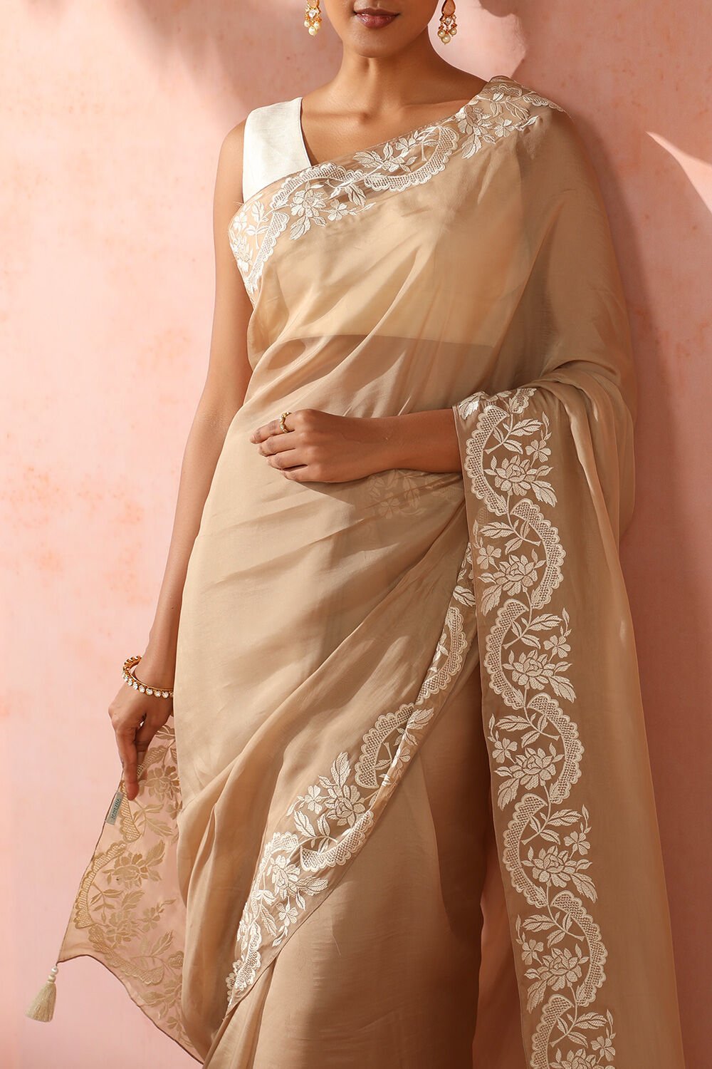 Beige Contemporary Viscose Organza Embroidery Saree image number null