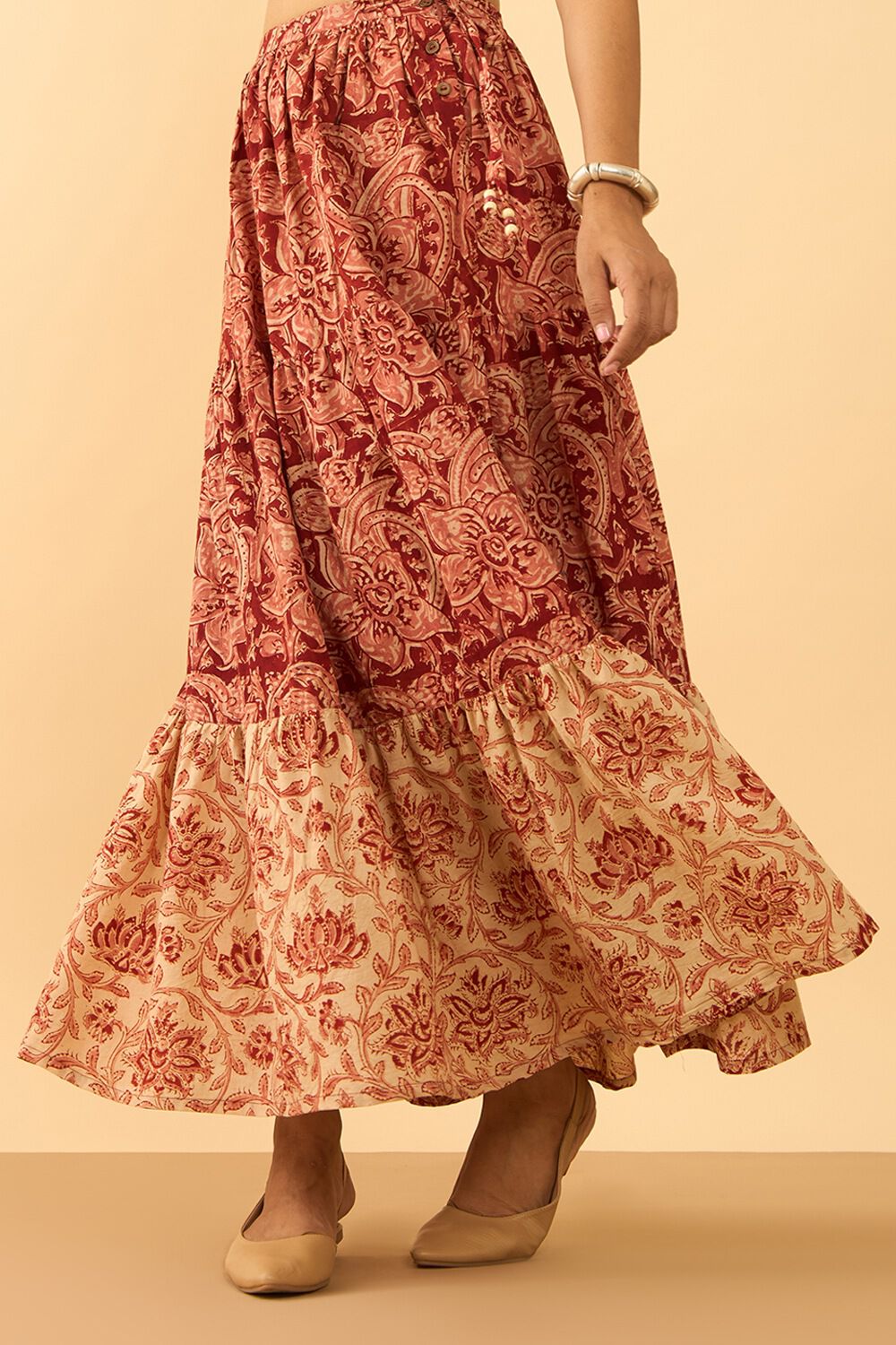 Dark Red Printed Kalamkari Pure Cotton Ethnic Skirt image number null