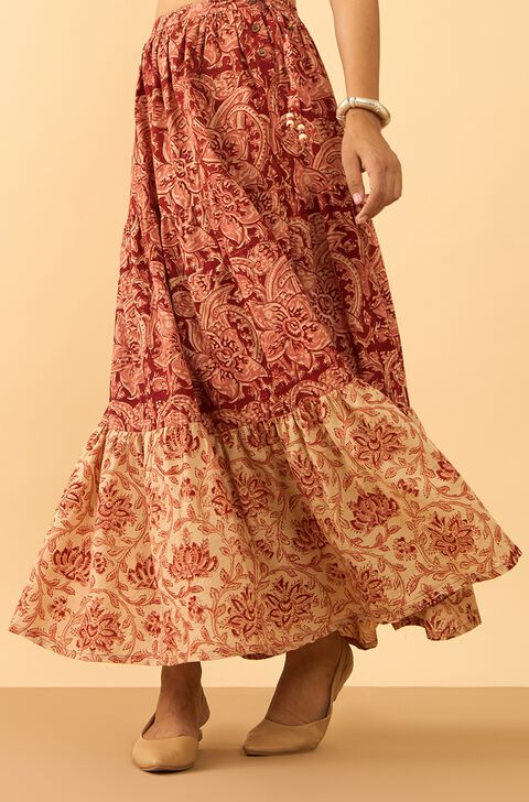 Dark Red Printed Kalamkari Pure Cotton Ethnic Skirt