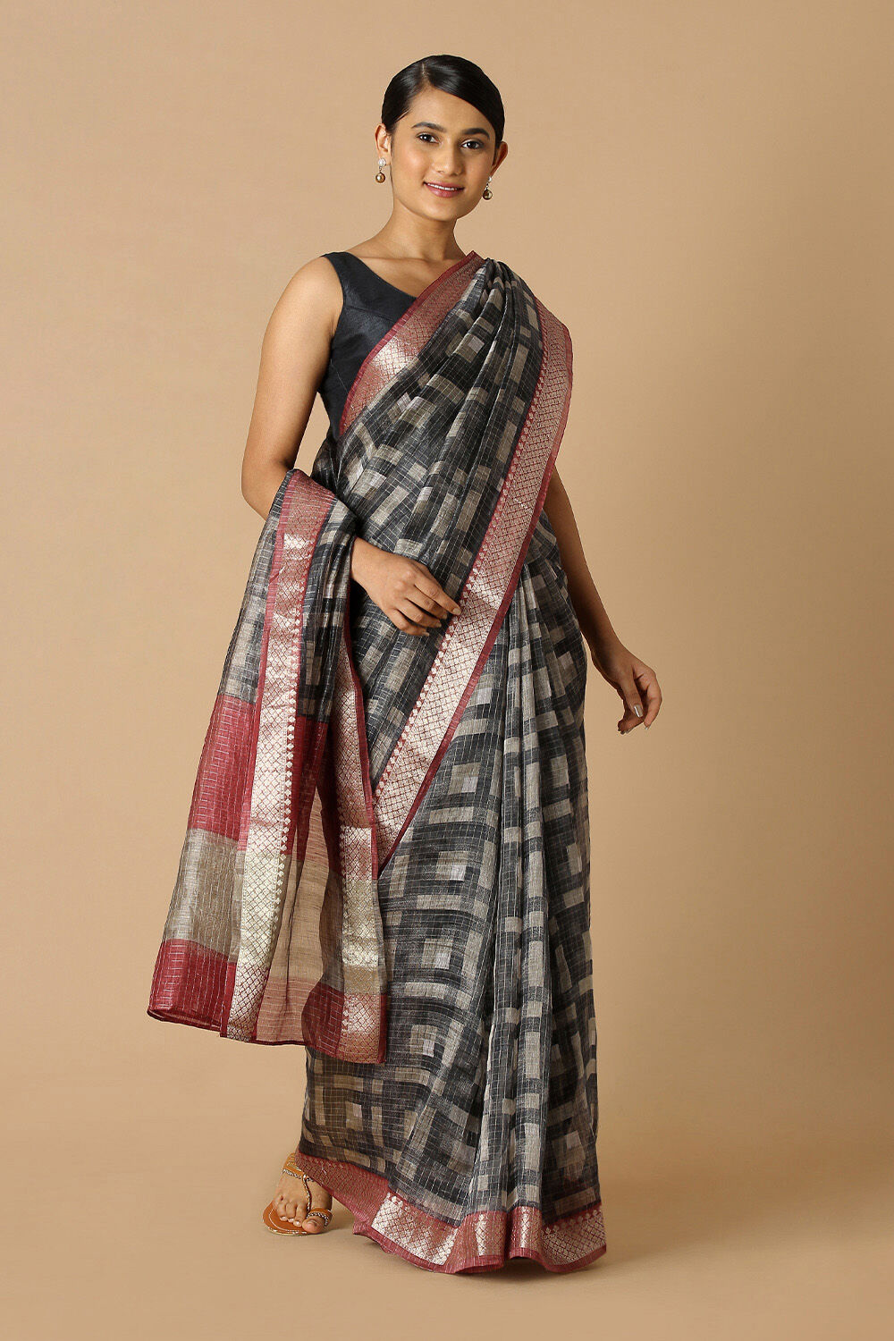 Grey Pure Silk Linen Digital Printed Saree image number null