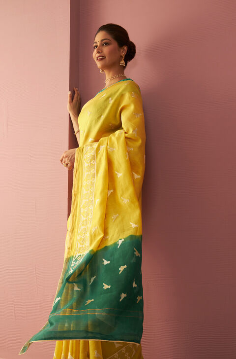 Yellow Pure Silk Cotton Embroidered Saree