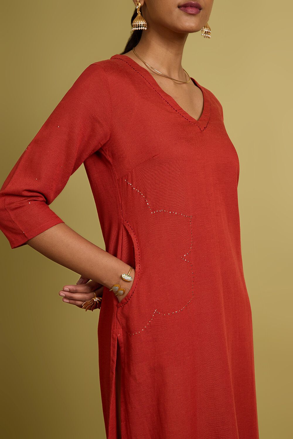 Orange Viscose Cotton Embroidered Kurta image number null