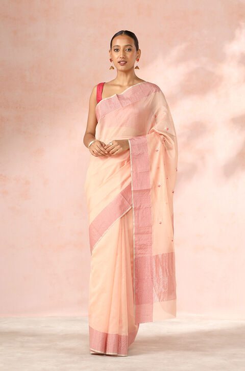 Light Orange Chanderi Pure Silk Cotton Woven Saree