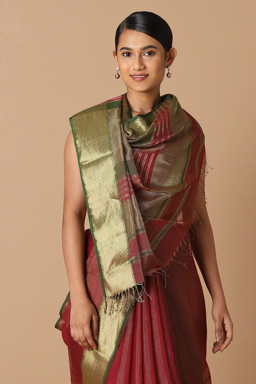 Red Pure Cotton Tissue Maheswari Saree image number null