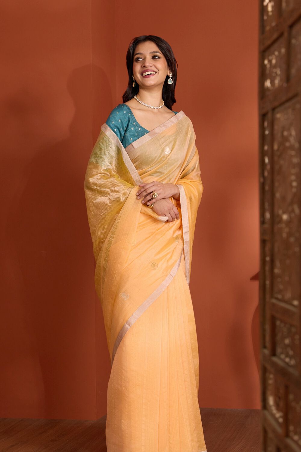 Light Orange Pure Silk Cotton Chanderi Woven Saree image number null