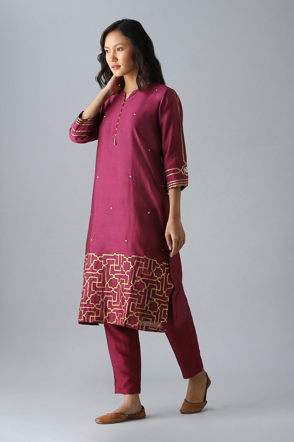 Purple Embroidered Silk Cotton Kurta Set image number null