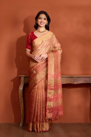 Dark Orange Pure Silk Tissue Embroidered Saree image number