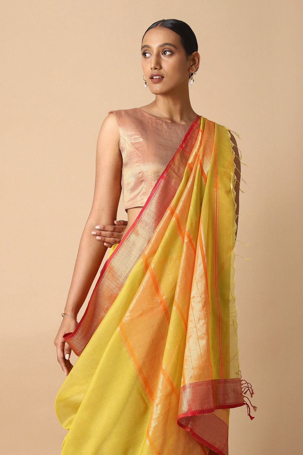 Yellow Pure Silk Cotton Maheswari Saree image number null