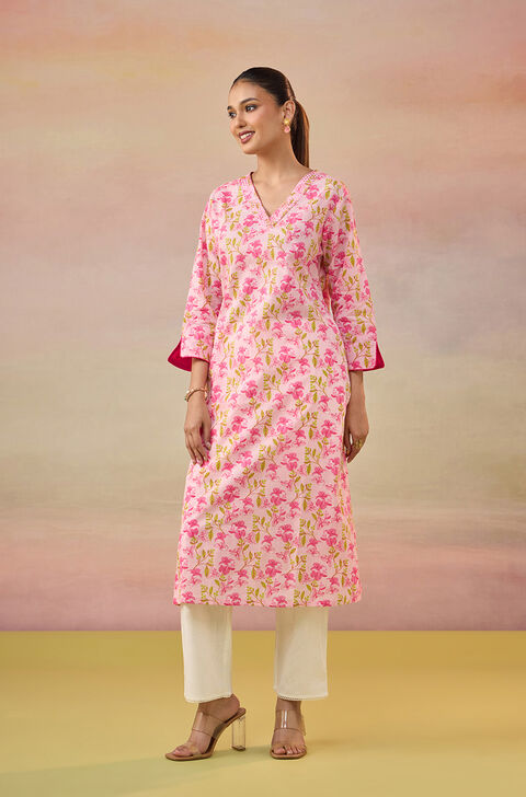 Light Pink Screen Printed  Pure Cotton Kurta